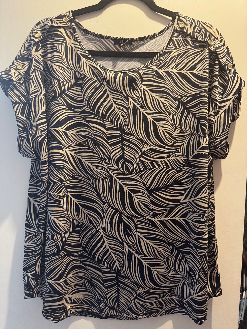 AUW Black & Cream Leaf-Print Short Sleeve Blouse top size 2X